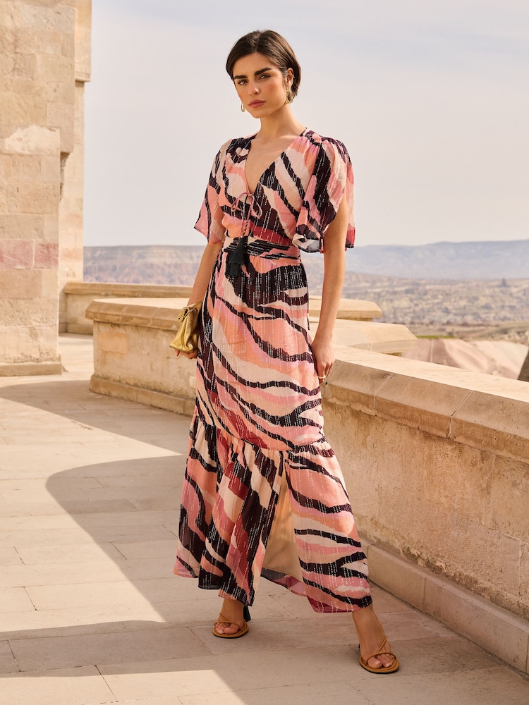 Love & Roses – bedrucktes Midikleid mit gerafften Flatterärmeln - Bild 1 von 4
