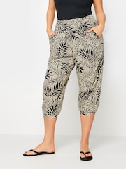 Yours Curve Beige Brown Leaf Print Cropped Harem Trousers - Image 1 of 5