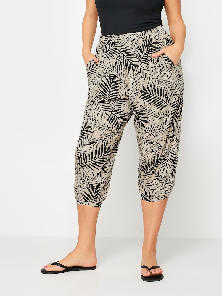 Yours Curve Beige Brown Leaf Print Cropped Harem Trousers - Image 1 of 5