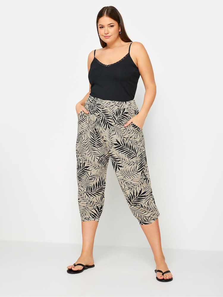 Yours Curve Beige Brown Leaf Print Cropped Harem Trousers - Image 2 of 5