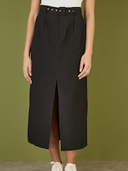 Yumi Black 100% Cotton Midi Skirt With Belt And Split Hem - Image 1 of 3