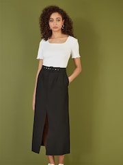Yumi Black 100% Cotton Midi Skirt With Belt And Split Hem - Image 2 of 3