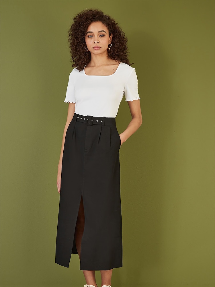 Yumi Black 100% Cotton Midi Skirt With Belt And Split Hem - Image 2 of 3