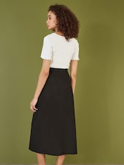Yumi Black 100% Cotton Midi Skirt With Belt And Split Hem - Image 3 of 3