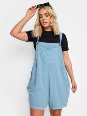 Yours Curve Blue 100% Cotton Limited Dungaree Shorts - Image 1 of 6