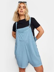 Yours Curve Blue 100% Cotton Limited Dungaree Shorts - Image 2 of 6