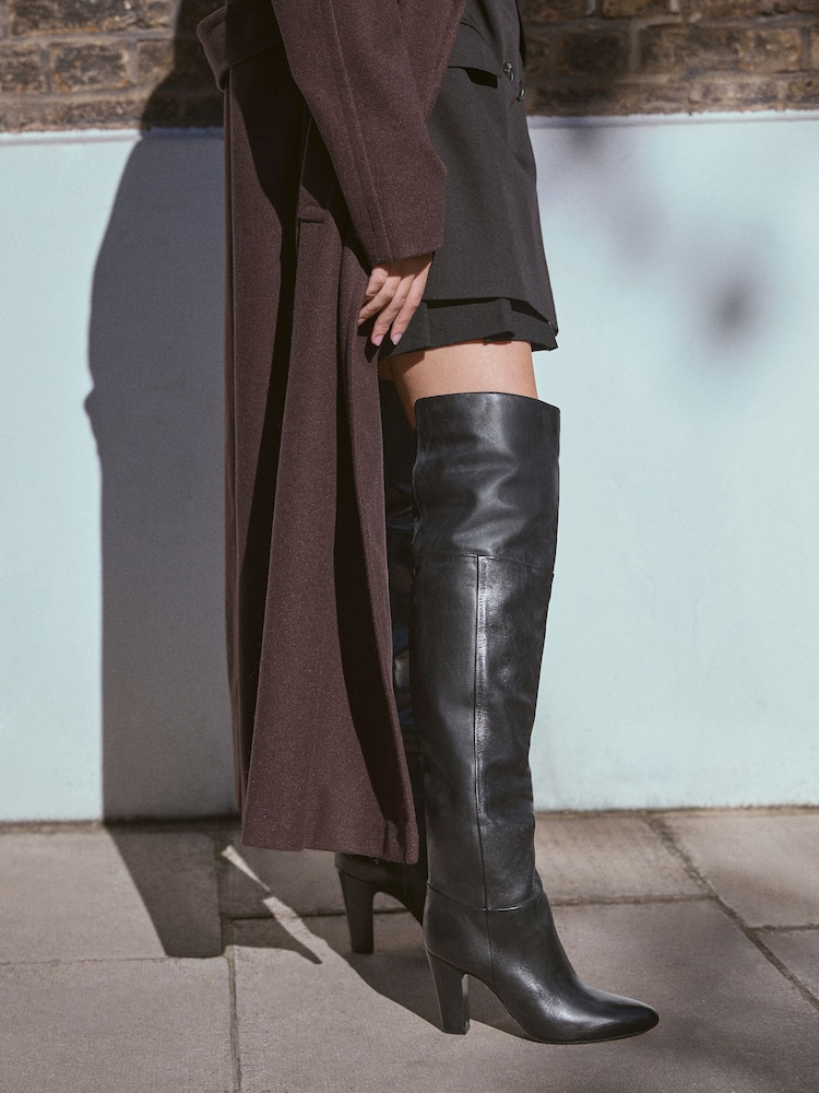 Black Leather Premium Over The Knee Heeled Boots - Image 1 of 10