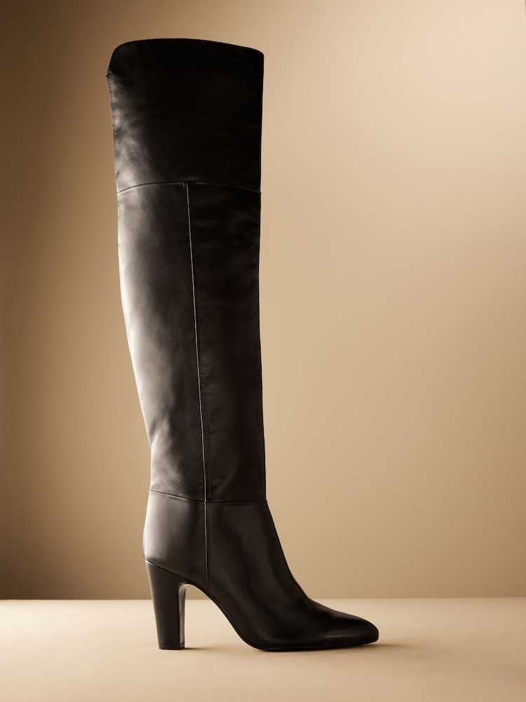Black Leather Premium Over The Knee Heeled Boots - Image 6 of 10