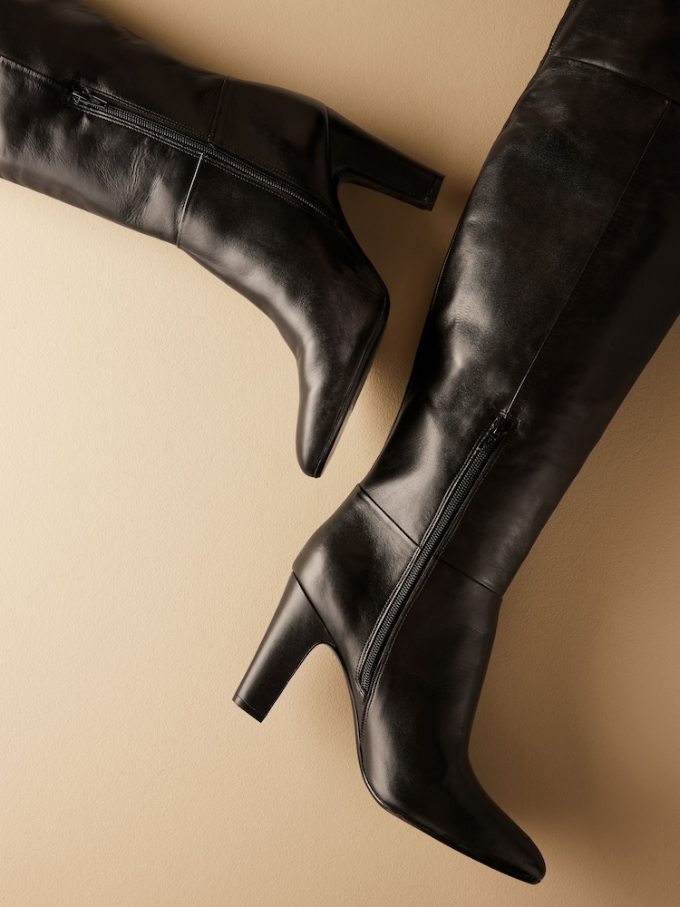 Black Leather Premium Over The Knee Heeled Boots - Image 7 of 10