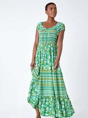 Roman Green Mixed Print Shirred Midi Dress - Image 1 of 5