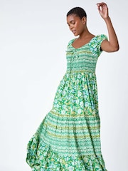 Roman Green Mixed Print Shirred Midi Dress - Image 2 of 5