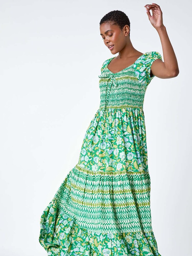 Roman Green Mixed Print Shirred Midi Dress - Image 2 of 5