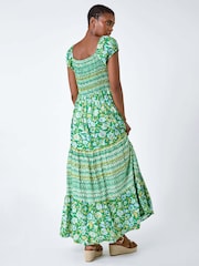 Roman Green Mixed Print Shirred Midi Dress - Image 3 of 5
