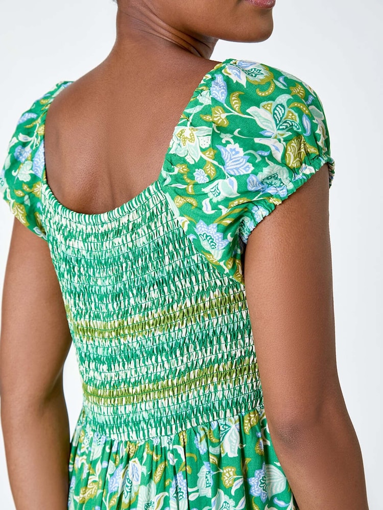 Roman Green Mixed Print Shirred Midi Dress - Image 5 of 5