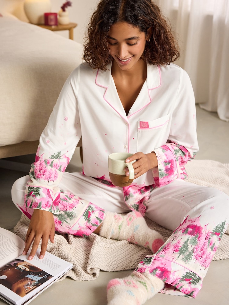 Bath & Body Works Pink/Cream Button Through Ski Pyjamas - Image 2 of 9