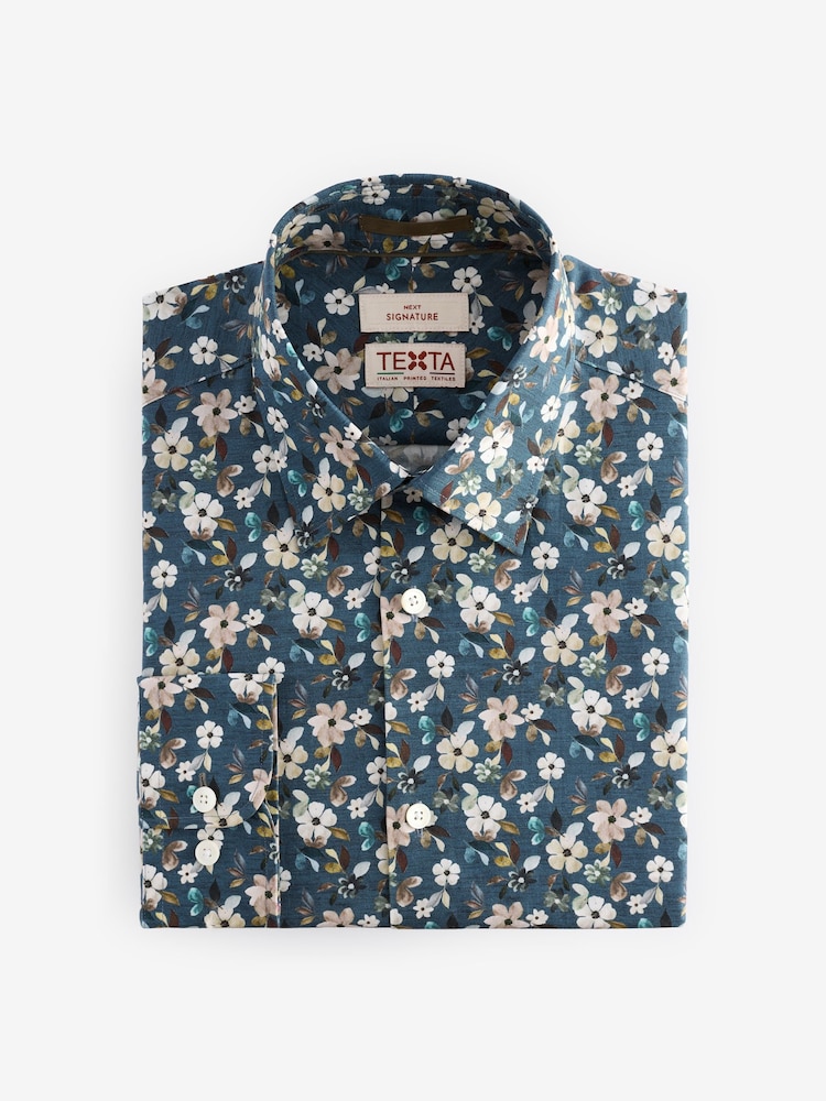 Blue Ditsy Floral Slim Fit Signature Single Cuff 100% Cotton Formal Shirt - Image 3 of 5