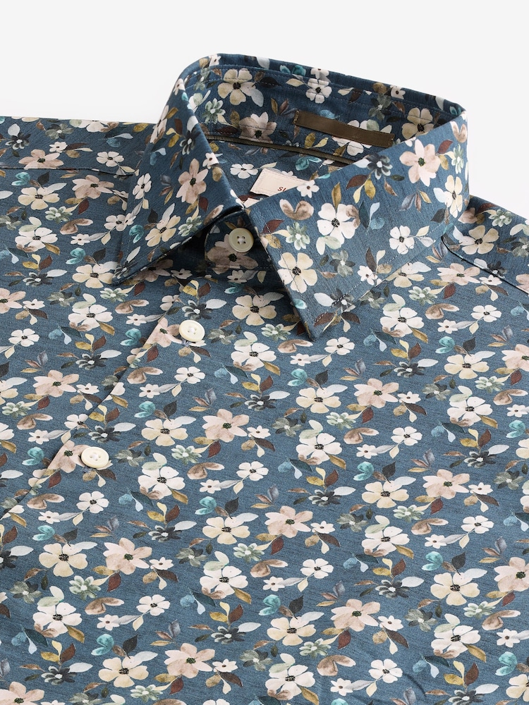 Blue Ditsy Floral Slim Fit Signature Single Cuff 100% Cotton Formal Shirt - Image 4 of 5