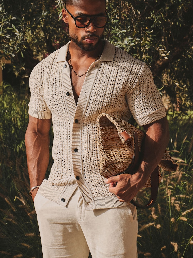 Tailored Athlete Natural Muscle Fit Vertical Stripe Crochet Knitted Shirt - Image 1 of 6 Tailored Athlete Natural Muscle Fit Vertical Stripe Crochet Knitted Shirt - Image 1 of 6