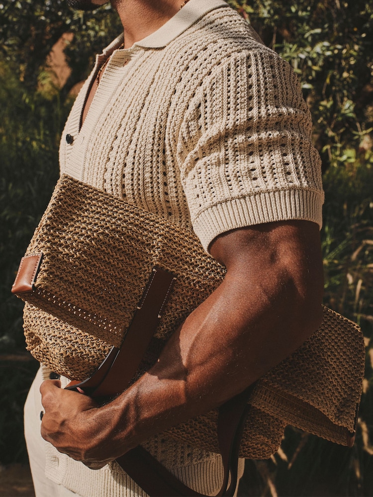 Tailored Athlete Natural Muscle Fit Vertical Stripe Crochet Knitted Shirt - Image 2 of 6 Tailored Athlete Natural Muscle Fit Vertical Stripe Crochet Knitted Shirt - Image 2 of 6