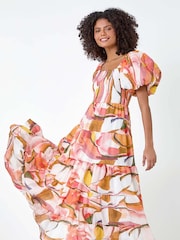 Dusk Orange Abstract Tiered Puff Sleeve Midi Dress - Image 1 of 5