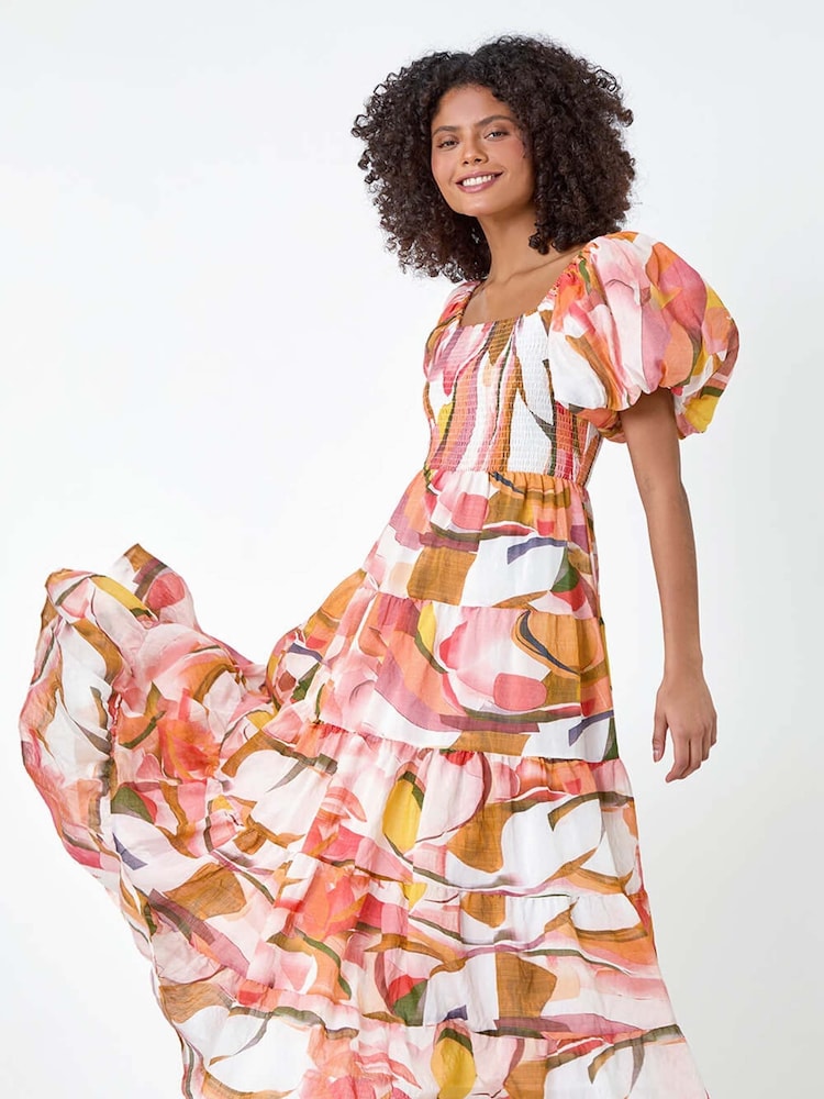 Dusk Orange Abstract Tiered Puff Sleeve Midi Dress - Image 1 of 5