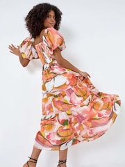 Dusk Orange Abstract Tiered Puff Sleeve Midi Dress - Image 2 of 5