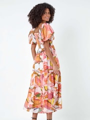 Dusk Orange Abstract Tiered Puff Sleeve Midi Dress - Image 3 of 5