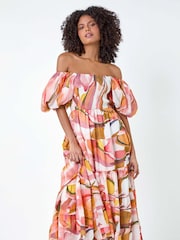 Dusk Orange Abstract Tiered Puff Sleeve Midi Dress - Image 4 of 5