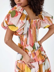 Dusk Orange Abstract Tiered Puff Sleeve Midi Dress - Image 5 of 5