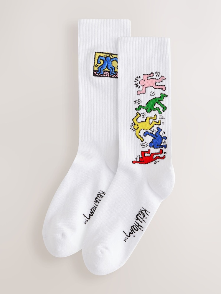 White Keith Haring Embroidered Pattern Socks 2 Pack - Image 2 of 5