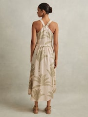 Reiss Neutral/Green Anna Petite 100% Linen Tropical Print Midi Dress - Image 1 of 7