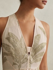 Reiss Neutral/Green Anna Petite 100% Linen Tropical Print Midi Dress - Image 3 of 7