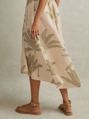 Reiss Neutral/Green Anna Petite 100% Linen Tropical Print Midi Dress - Image 5 of 7