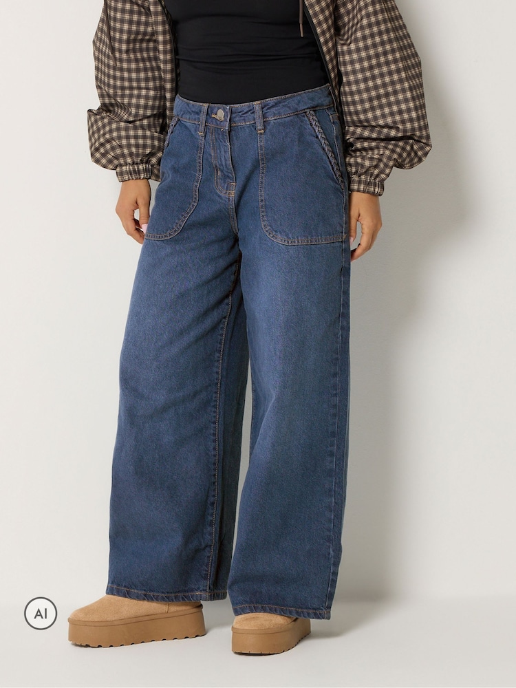 PixieGirl Petite Blue Plait Pocket Wide Leg Jeans - Image 1 of 6