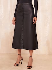 Friends Like These Black Faux Leather Button Through Midi Skirt - Image 1 of 4