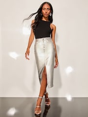 Lipsy Silver Petite Denim High Rise Split Front Midi Skirt - Image 2 of 4