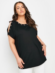 Yours Curve Black Eyelet Detail Cold Shoulder Top - Image 1 of 5