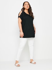 Yours Curve Black Eyelet Detail Cold Shoulder Top - Image 2 of 5