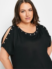 Yours Curve Black Eyelet Detail Cold Shoulder Top - Image 4 of 5