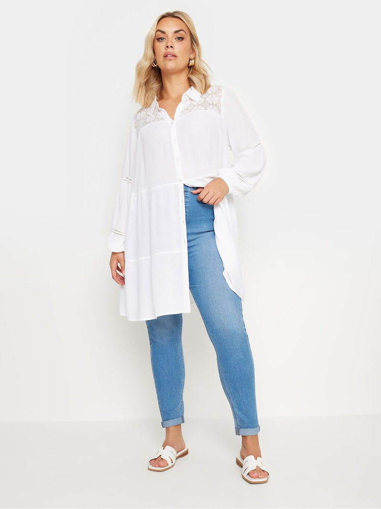 Yours Curve White Boho Long Sleeve Tiered Shirt - Image 1 of 5