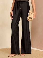 Love & Roses Black Plisse Elasticated Waist Wide Leg Trousers - Image 1 of 4