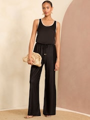 Love & Roses Black Plisse Elasticated Waist Wide Leg Trousers - Image 3 of 4