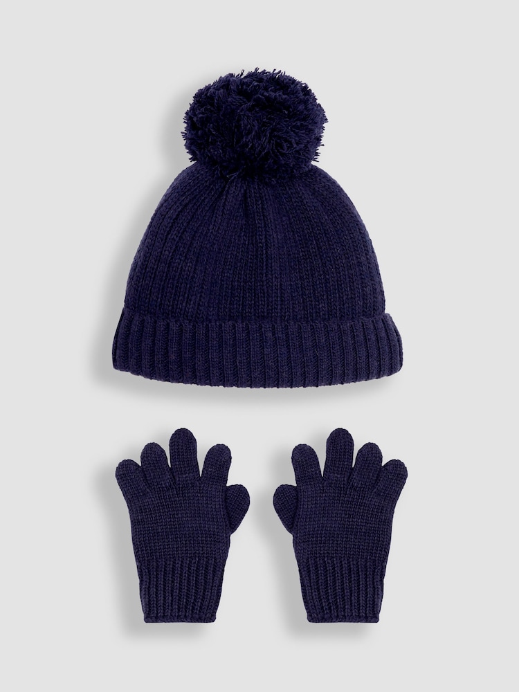 JoJo Maman Bébé Navy Blue Rib Hat & Gloves Set - Image 1 of 4