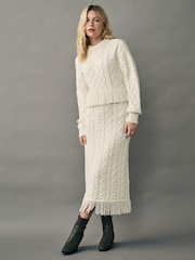 White Ecru Cable Knitted Fringe Crew Neck Jumper - Image 2 of 5