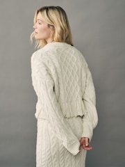 White Ecru Cable Knitted Fringe Crew Neck Jumper - Image 3 of 5