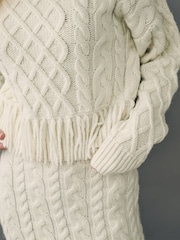 White Ecru Cable Knitted Fringe Crew Neck Jumper - Image 5 of 5