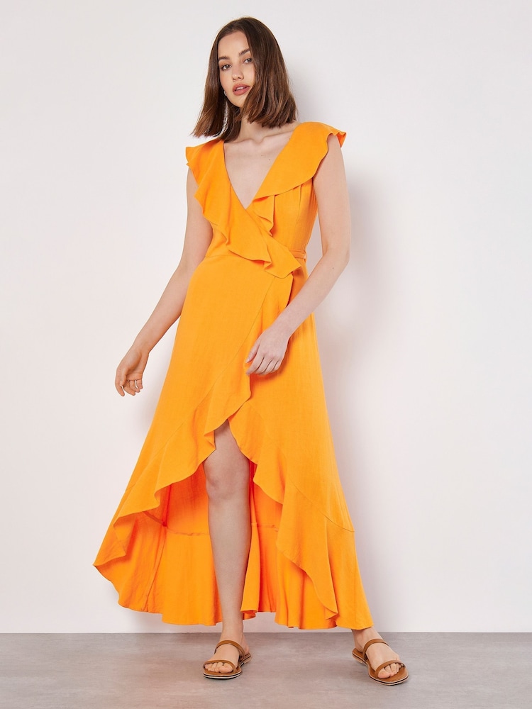 Apricot Orange Ruffle Wrap Hi-Lo Linen Mix Dress - Image 1 of 4 Apricot Orange Ruffle Wrap Hi-Lo Linen Mix Dress - Image 1 of 4