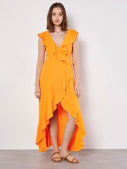Apricot Orange Ruffle Wrap Hi-Lo Linen Mix Dress - Image 2 of 4