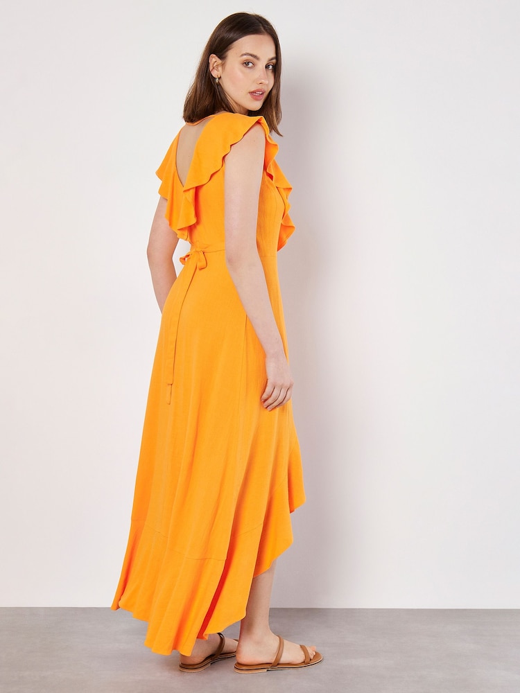 Apricot Orange Ruffle Wrap Hi-Lo Linen Mix Dress - Image 4 of 4