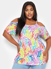 Yours Curve Multi Rainbow Zebra Print Cold Shoulder Top - Image 1 of 5